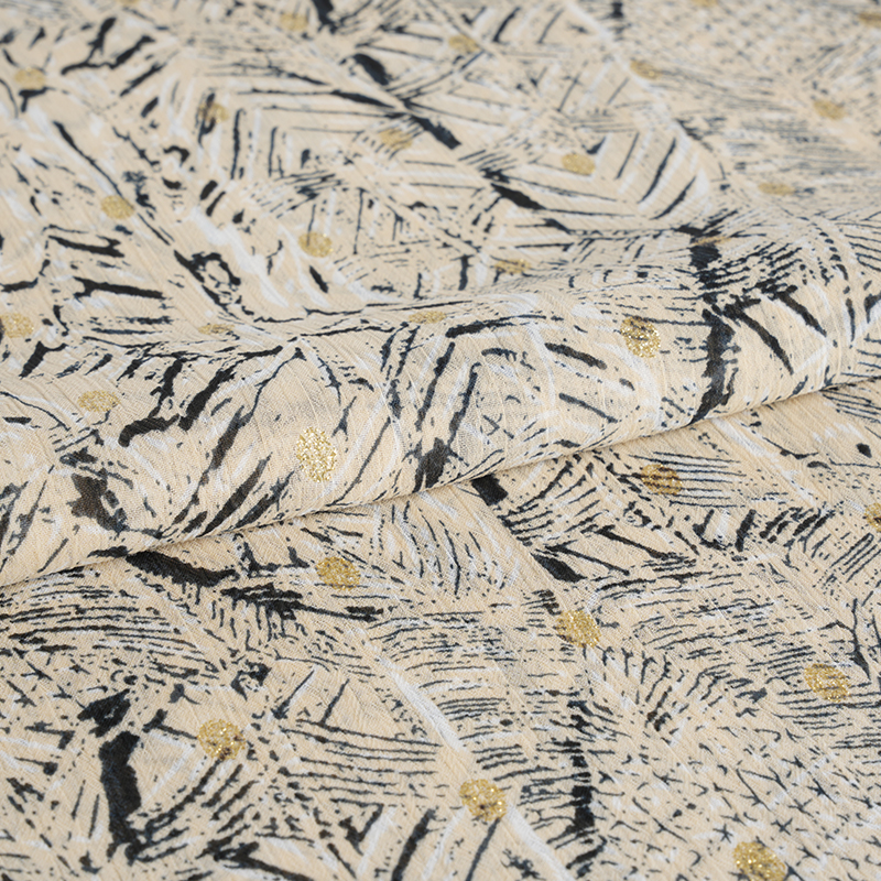 Szyfonowa krepa 75D, nieregularna, niechlujna, złota tkanina z nadrukiem